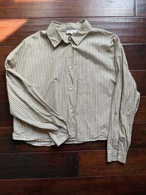 BRENDE Olive Green Striped 100% Cotton Boxy Cropped Button-Up Shirt